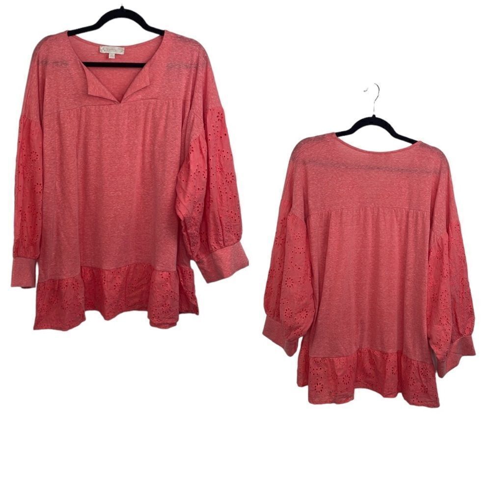 Suzanne Betro Weekender Boho eyelet scallop detail Peach v-neck bell sleeve 1X